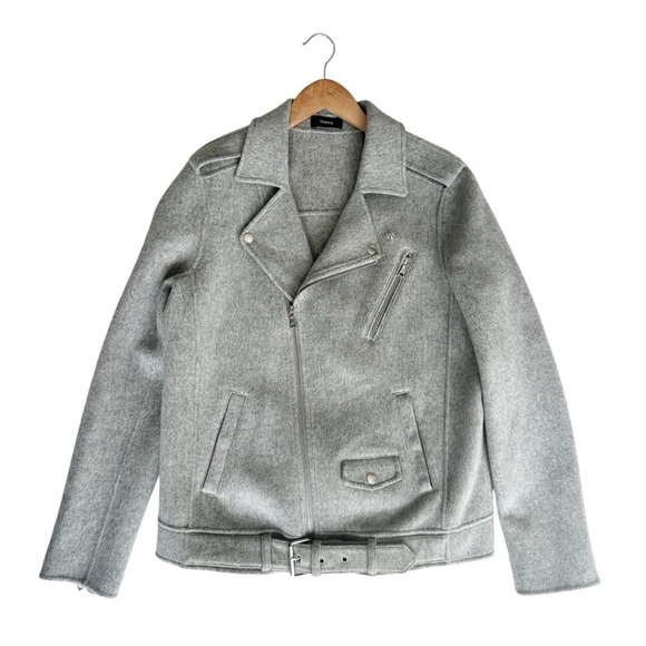 NWT Theory wool cashmere moto jacket zip snap buckle belt gray Tralsman DF large - Picture 4 of 16